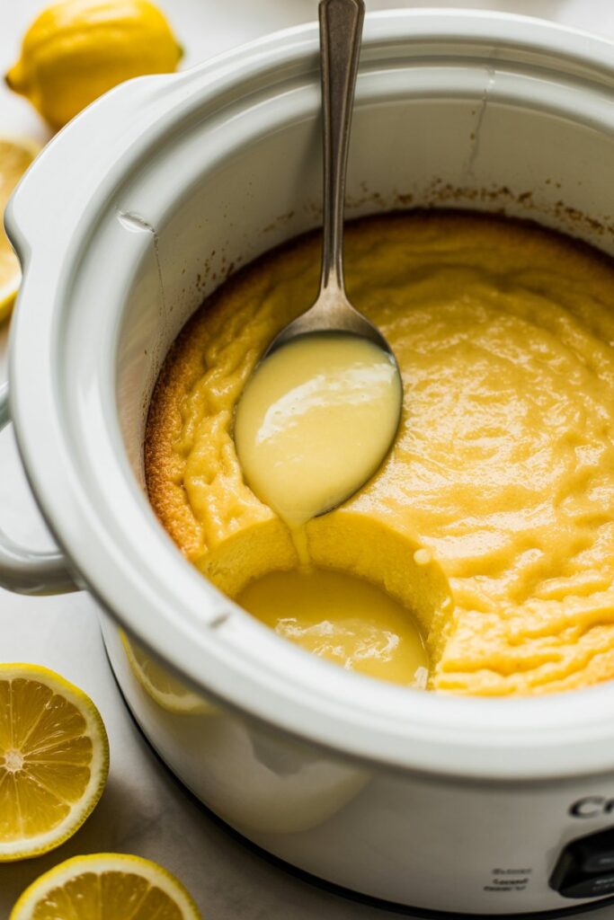 Lemon pudding cake in a slow cooker with a fluffy top and silky custard being scooped from the center.