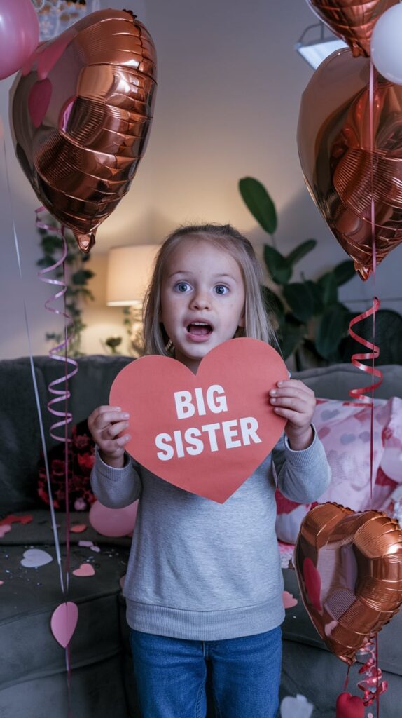 Older sibling holding a Big Brother sign with a genuine surprised smile for a pregnancy announcement