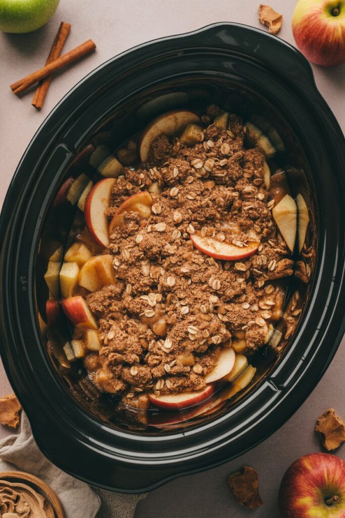 Top-down view of crockpot apple crisp with toasted oat topping and cinnamon sticks styled in warm fall tones.