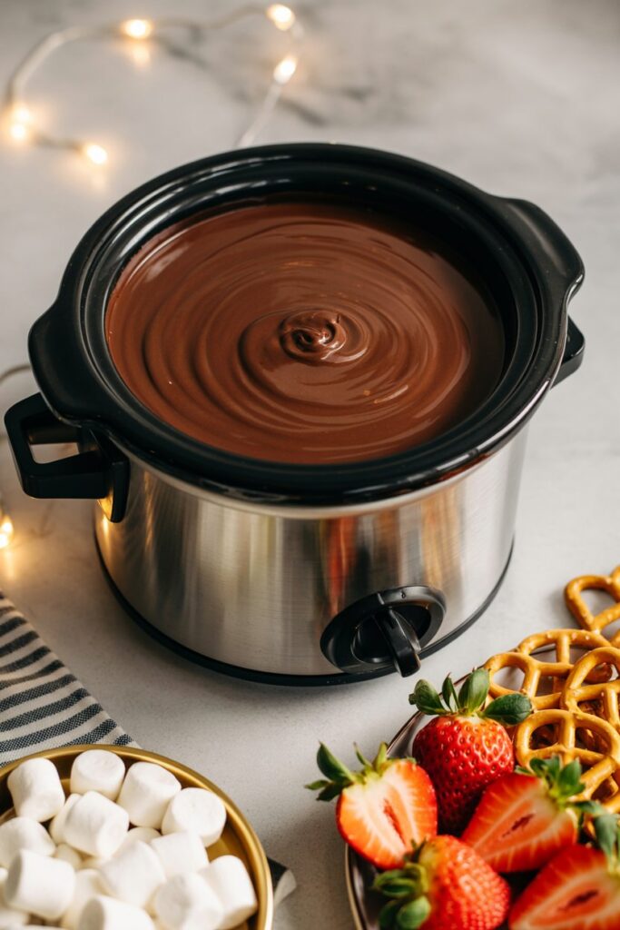 Mini slow cooker filled with melted chocolate fondue surrounded by strawberries, marshmallows, and pretzels for dipping.