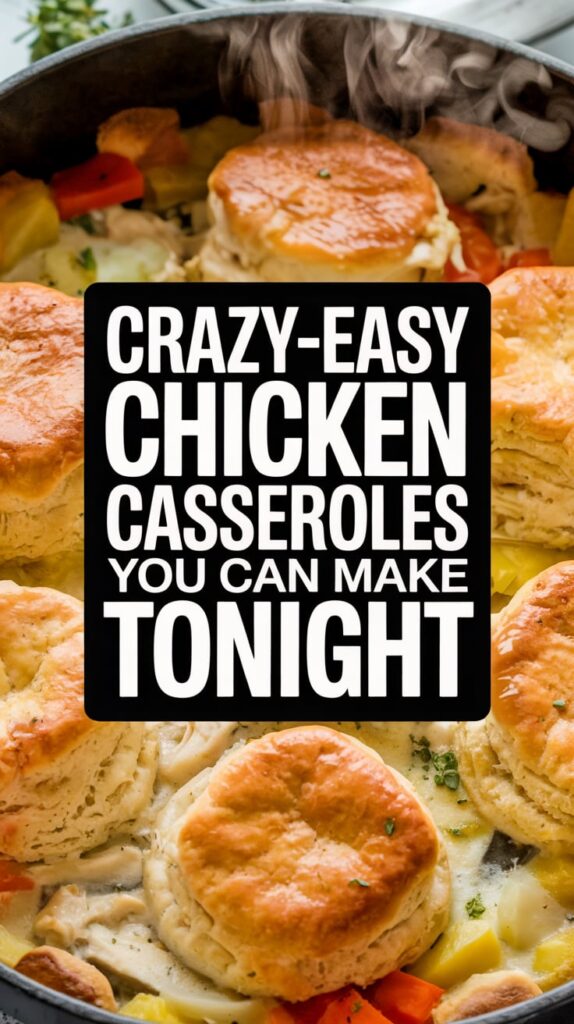 Steaming chicken casserole topped with golden baked biscuits, tender vegetables, and a creamy sauce in a cast-iron skillet