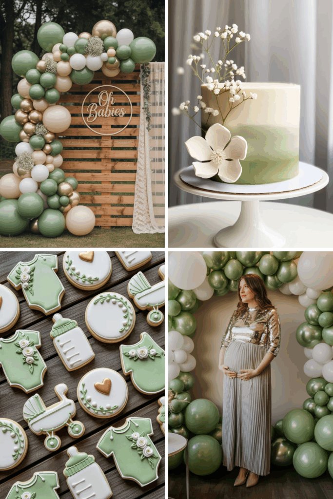 Minimalist twin baby shower collage featuring pear accents, sage linens, and modern organic styling