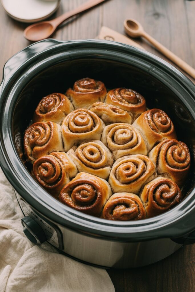 Pull-apart crockpot cinnamon roll monkey bread with caramelized cinnamon sugar glaze under warm natural lighting.