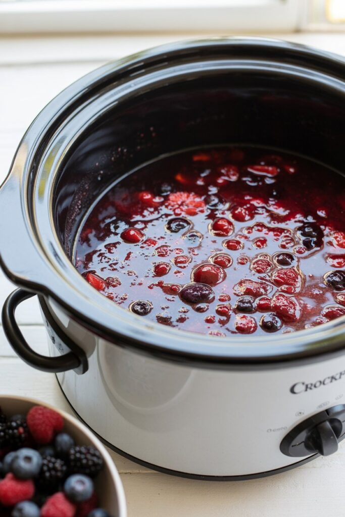Rich triple-berry compote simmering in a white slow cooker with fresh berries scattered beside it.