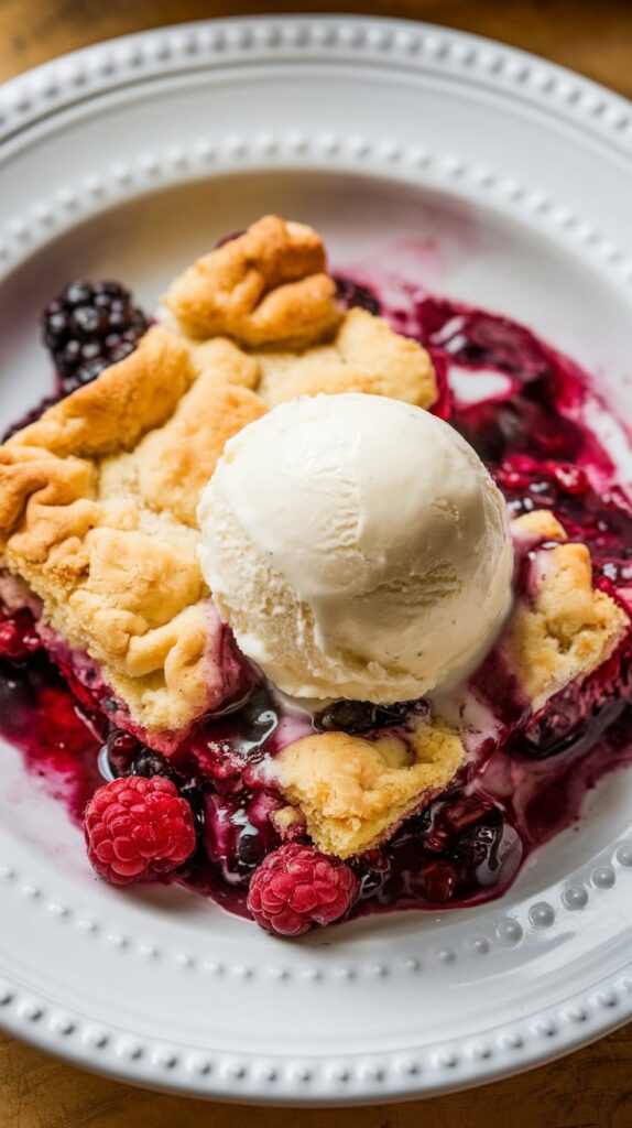Slow cooker berry cobbler with bubbling berry filling and golden topping in bright natural light.