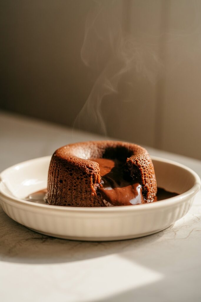 Slow cooker chocolate lava cake with a glossy melted center in a white ceramic dish under soft warm lighting.