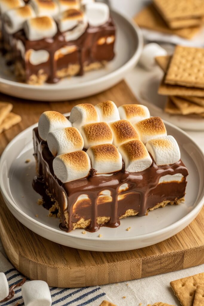 Slow cooker s’mores bars with melted chocolate, lightly toasted marshmallows, and graham cracker crumbs.