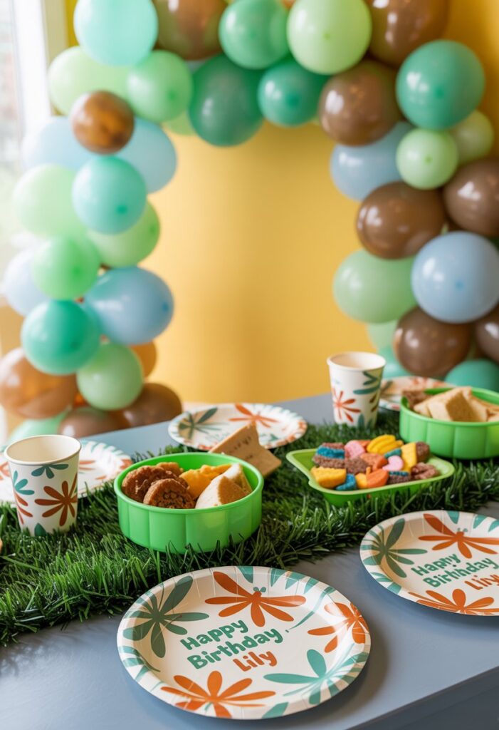 Children at a bug-themed birthday party searching for toy insects in the garden.
