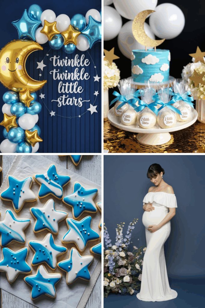 Celestial twin baby shower collage with moon balloons, star cookies, and dreamy blue and gold decor