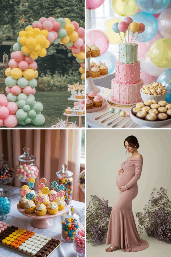 Dessert-inspired twin baby shower collage with pastel cakes, donut balloons, and candy buffet ideas