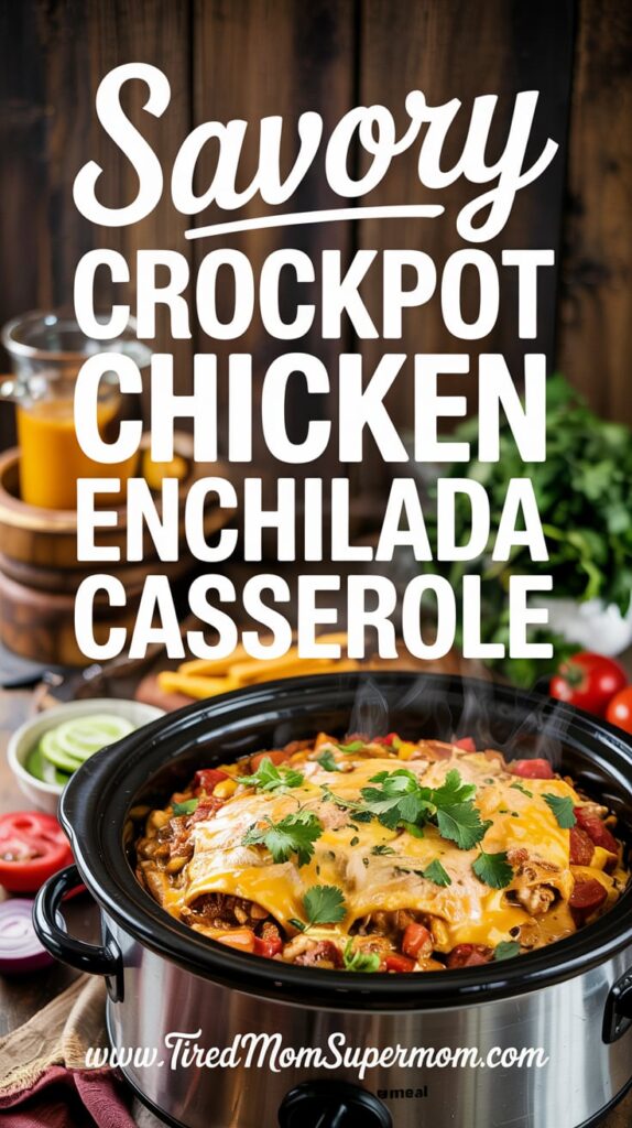 A warm, cozy kitchen scene featuring a Crockpot filled with bubbling chicken enchilada casserole topped with melted cheese and fresh cilantro, surrounded by sliced veggies and colorful ingredients. Bold text overlay reads “Savory Crockpot Chicken Enchilada Casserole” with the Tired Mom Supermom website at the bottom.