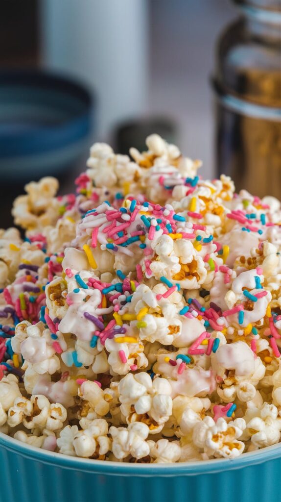 Bowl of white chocolate-drizzled popcorn topped with bright neon rainbow sprinkles