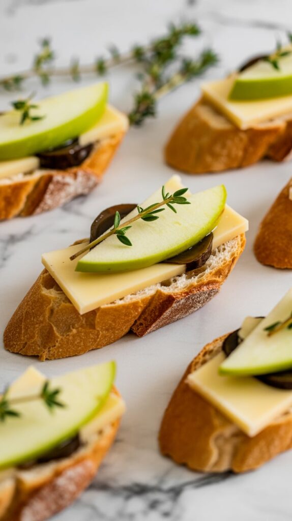 Apple and cheddar crostini topped with crisp green apple slices, sharp cheddar cheese, and fresh thyme on toasted baguette rounds — a simple, elegant fall appetizer.