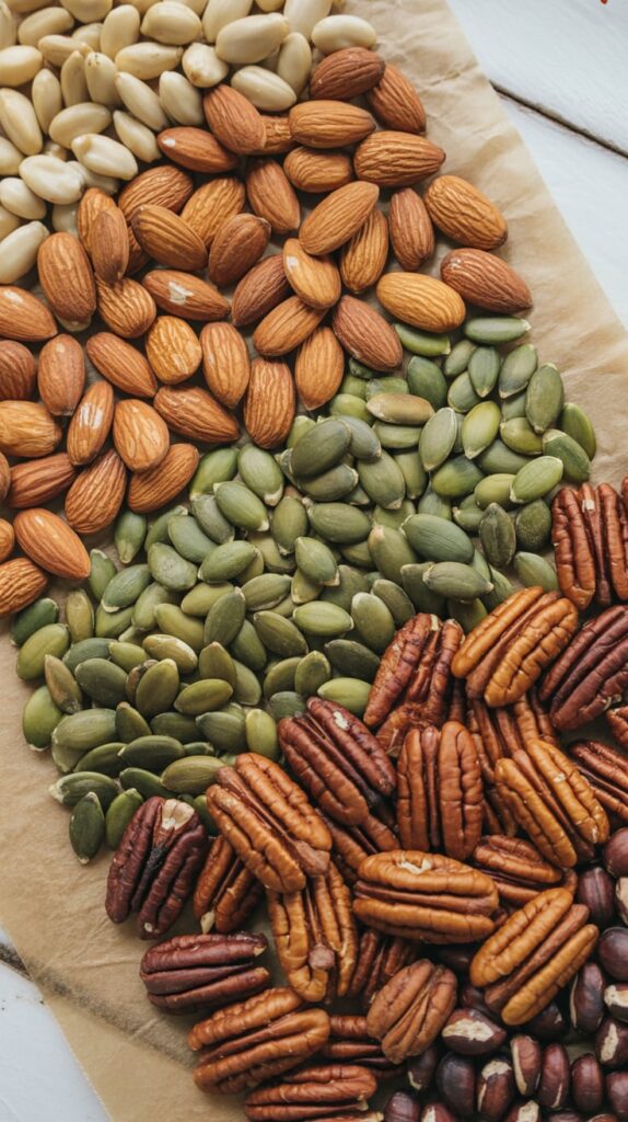 Assorted raw nuts and seeds — including peanuts, almonds, pumpkin seeds, and pecans — arranged in a colorful, textured pattern on parchment paper for a rustic fall snack display.