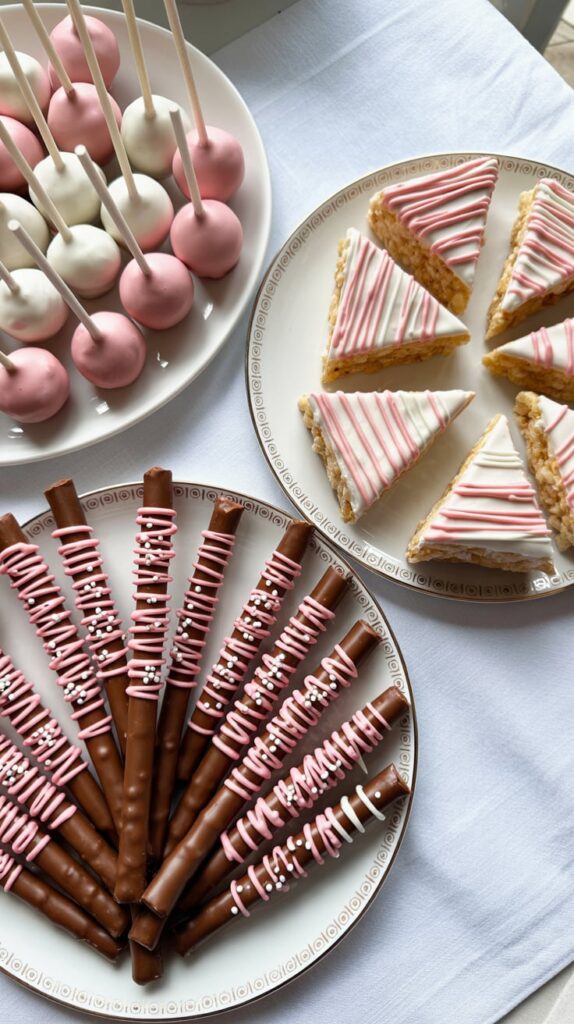 A pastel dessert table featuring mini cheesecakes, fruit tarts, and cupcakes on white cake stands for a baby shower.