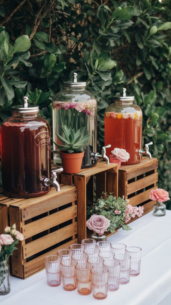 A baby shower drink table with glass dispensers filled with lemonade and fruit punch, surrounded by pastel decorations and labeled cups.