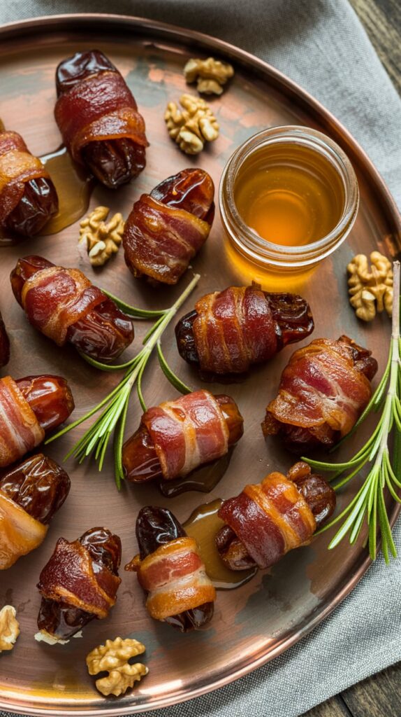Crispy bacon-wrapped dates stuffed with walnuts, drizzled with honey, and garnished with fresh rosemary sprigs on a copper serving tray — a sweet and savory appetizer that’s both elegant and addictive.