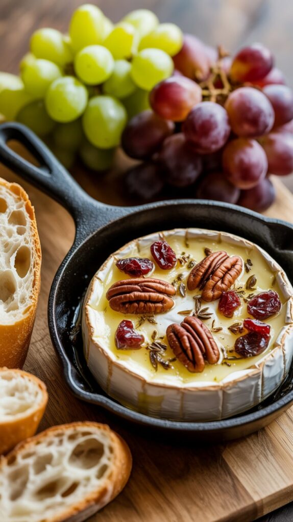 Baked brie topped with pecans, dried cranberries, and honey, served in a small cast-iron skillet alongside crusty baguette slices and fresh grapes — a cozy and elegant party appetizer.