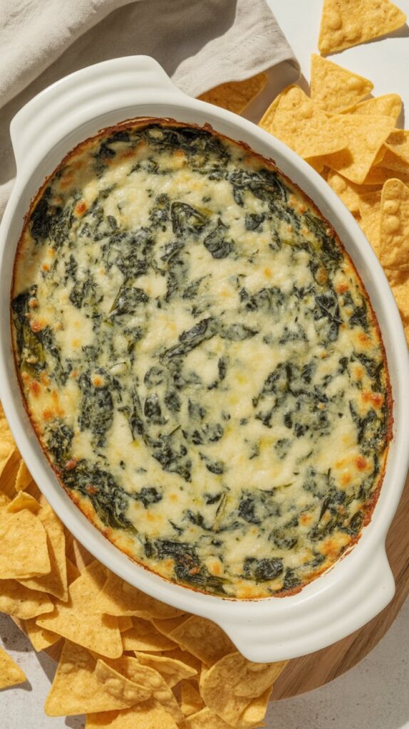 Warm, creamy spinach and artichoke dip baked with a golden, cheesy crust, served in a white oval dish surrounded by tortilla chips — a classic crowd-pleasing appetizer.
