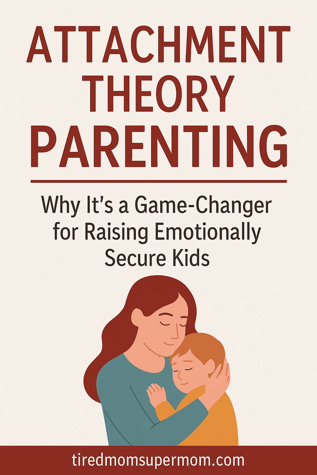 A Pinterest pin titled "Attachment Theory Parenting: Why It’s a Game-Changer for Raising Emotionally Secure Kids," featuring a warm-toned digital illustration of a mother gently hugging her child, conveying safety and emotional closeness. The layout is minimal and calming, designed to appeal to intentional parents.