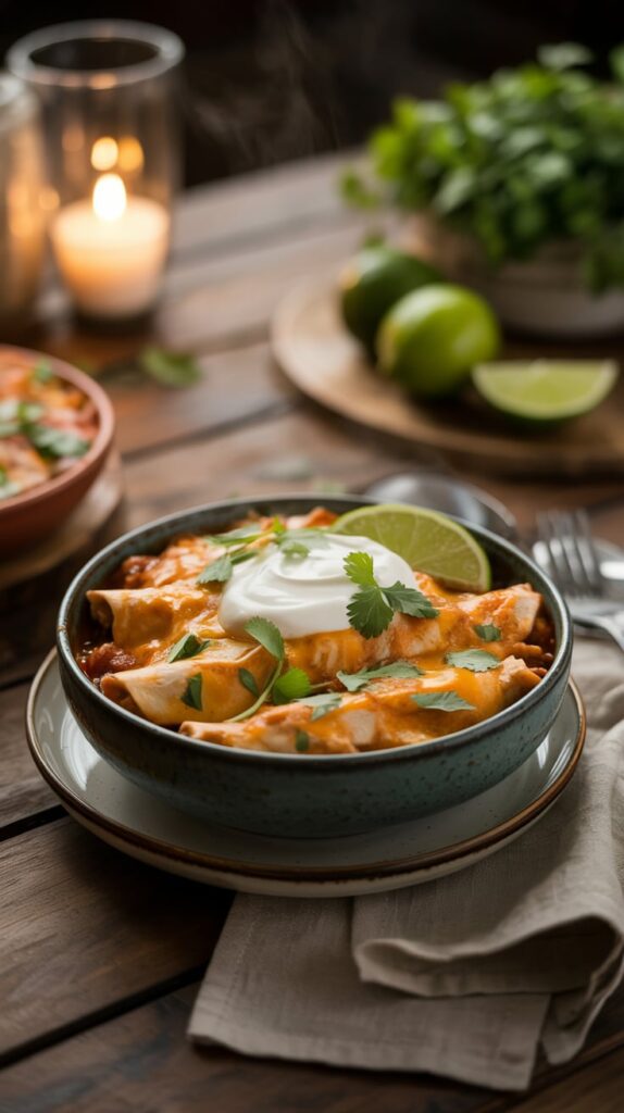 A warm bowl of cheesy chicken enchiladas topped with sour cream and fresh cilantro, surrounded by limes and soft candlelight on a rustic wooden table, creating a cozy dinner atmosphere.