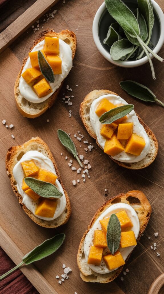 Crispy toasted baguette slices topped with creamy ricotta, roasted butternut squash cubes, and a drizzle of honey, garnished with fresh sage leaves for a warm and inviting fall appetizer.