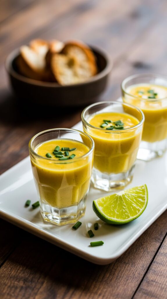 Small glasses filled with creamy butternut squash soup, garnished with chopped chives and served on a white tray with a lime wedge — a cozy and elegant fall appetizer.
