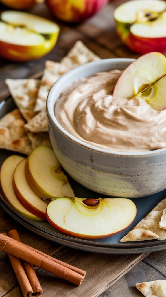 Creamy caramel apple dip served in a white bowl, surrounded by fresh apple slices, cinnamon sticks, and crispy crackers — a sweet and cozy autumn snack perfect for gatherings.