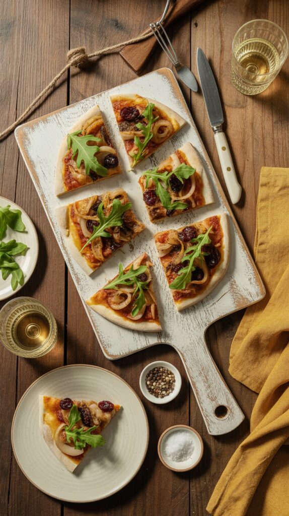 Flatbread pizza topped with caramelized onions, dried cranberries, and fresh arugula, sliced and served on a rustic white cutting board with wine glasses and seasoning bowls nearby.