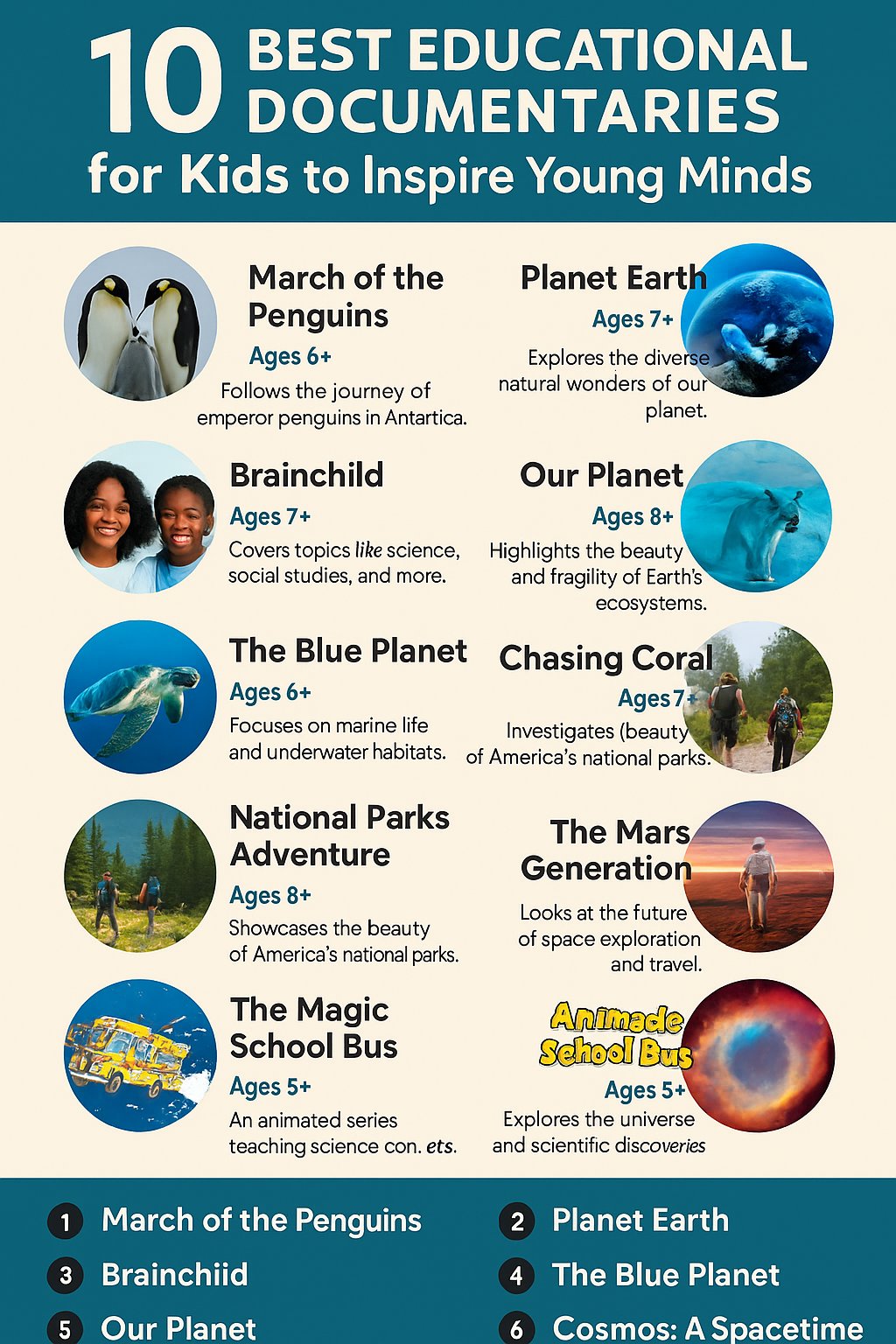 "Infographic highlighting 10 best educational documentaries for kids, featuring age recommendations and topics like nature, science, and space exploration."