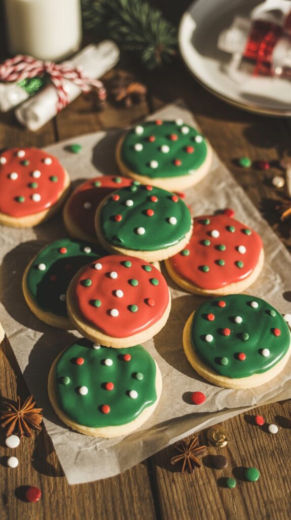 Kids decorating Christmas sugar cookies with icing and sprinkles at a festive cookie station.