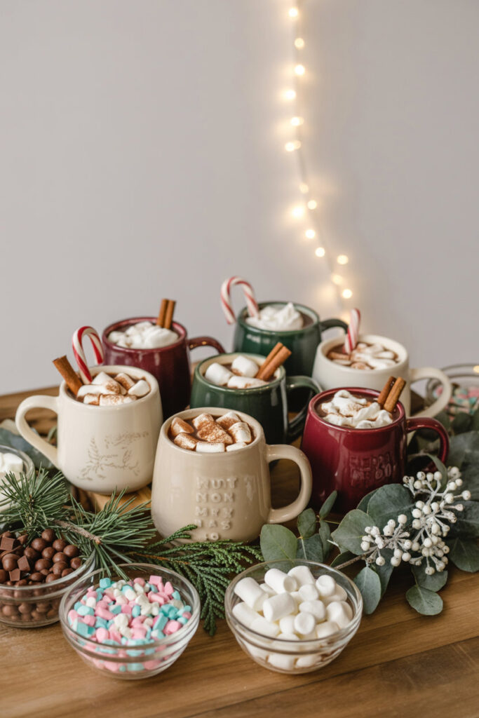 “Holiday hot cocoa bar with festive mugs topped with marshmallows, cinnamon sticks, and candy canes, surrounded by bowls of cocoa toppings and winter greenery with soft twinkle lights in the background.”