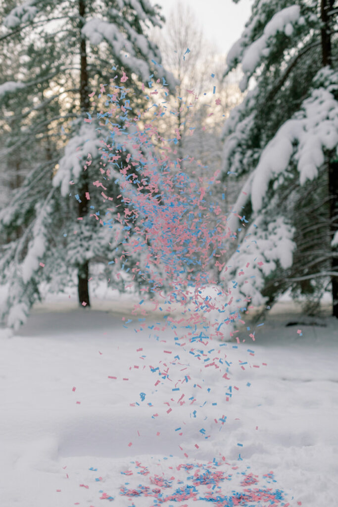 “Pink and blue confetti floating through the air in a snowy forest, with tall pine trees covered in fresh snow creating a magical winter gender reveal scene.”