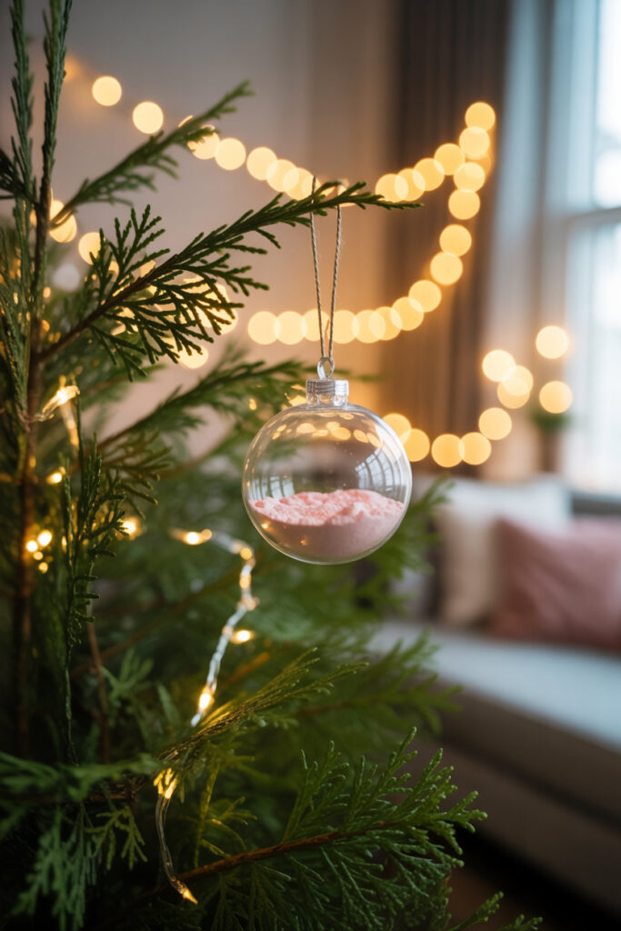 “Clear Christmas ornament filled with pink powder hanging on a tree branch, surrounded by twinkle lights and soft holiday bokeh in a cozy living room.”