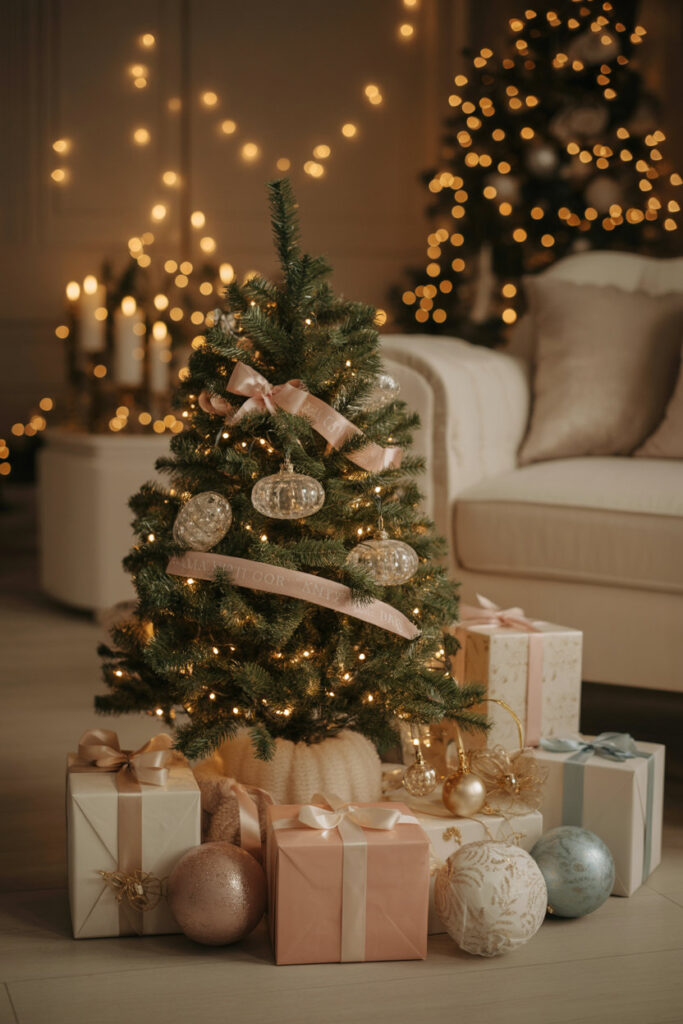 “Small Christmas tree decorated with soft pink ribbons, delicate glass ornaments, and warm twinkle lights, surrounded by pastel-wrapped presents in an elegant holiday living room.”