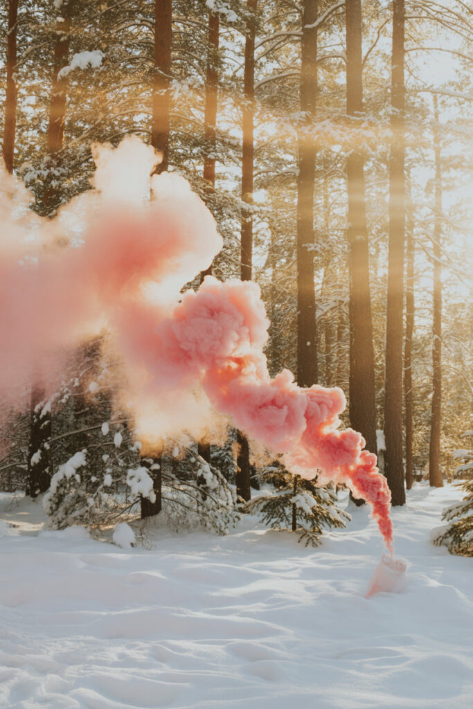 “Pink smoke swirling through a snowy forest during a winter gender reveal, with sunlight streaming through tall pine trees and fresh snow on the ground.”