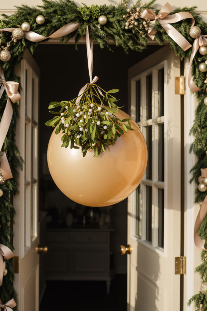 “Large balloon hanging in a doorway decorated with mistletoe and soft pink ribbon, framed by lush evergreen garlands with gold ornaments and holiday bows.”
