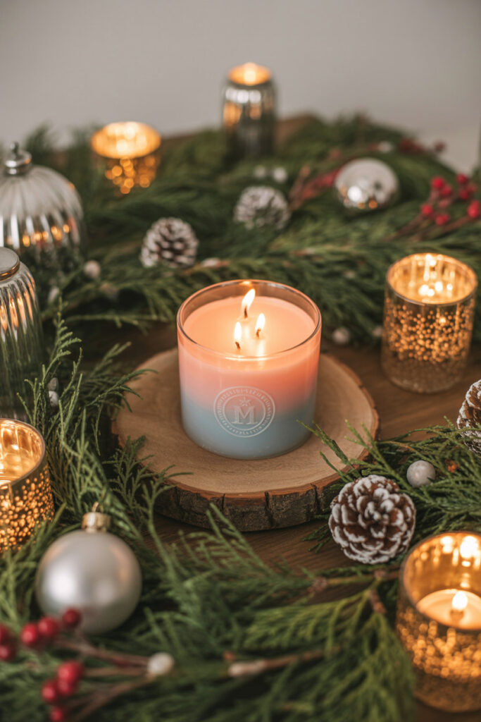 “Christmas gender reveal candle surrounded by evergreen garland, pinecones, silver ornaments, and glowing votive candles, with soft holiday lighting and a cozy winter ambiance.”