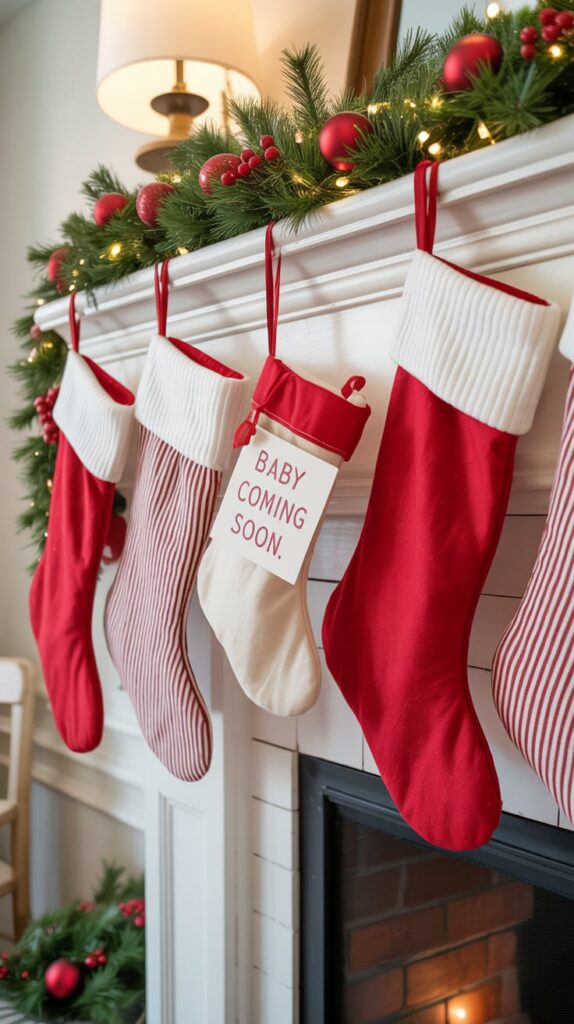 Family Christmas mantel with a tiny baby stocking in the middle as a pregnancy reveal.