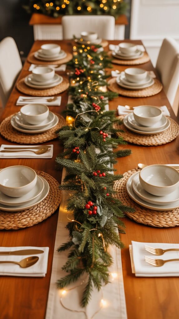 Elegant Christmas dinner table setting with neutral dinnerware, woven placemats, gold flatware, and a lush evergreen garland centerpiece with red berries and twinkle lights.