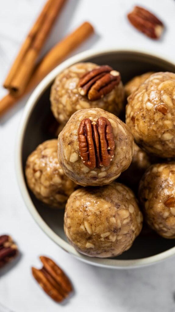 Cinnamon pecan energy bites made with oats, nut butter, and crushed pecans, topped with a whole pecan for garnish — a wholesome, no-bake snack full of cozy fall flavor.