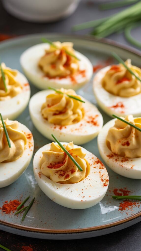 Classic deviled eggs topped with paprika and fresh chives, arranged neatly on a gray serving plate — a timeless appetizer perfect for any fall gathering.
