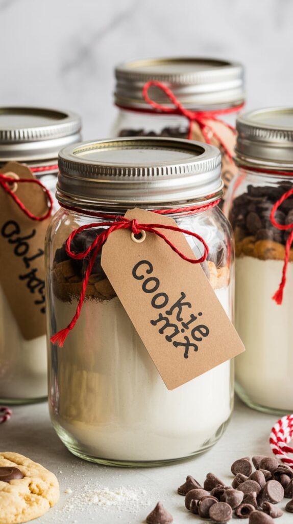 “Glass jars layered with cookie mix ingredients tied with red twine and kraft gift tags.”