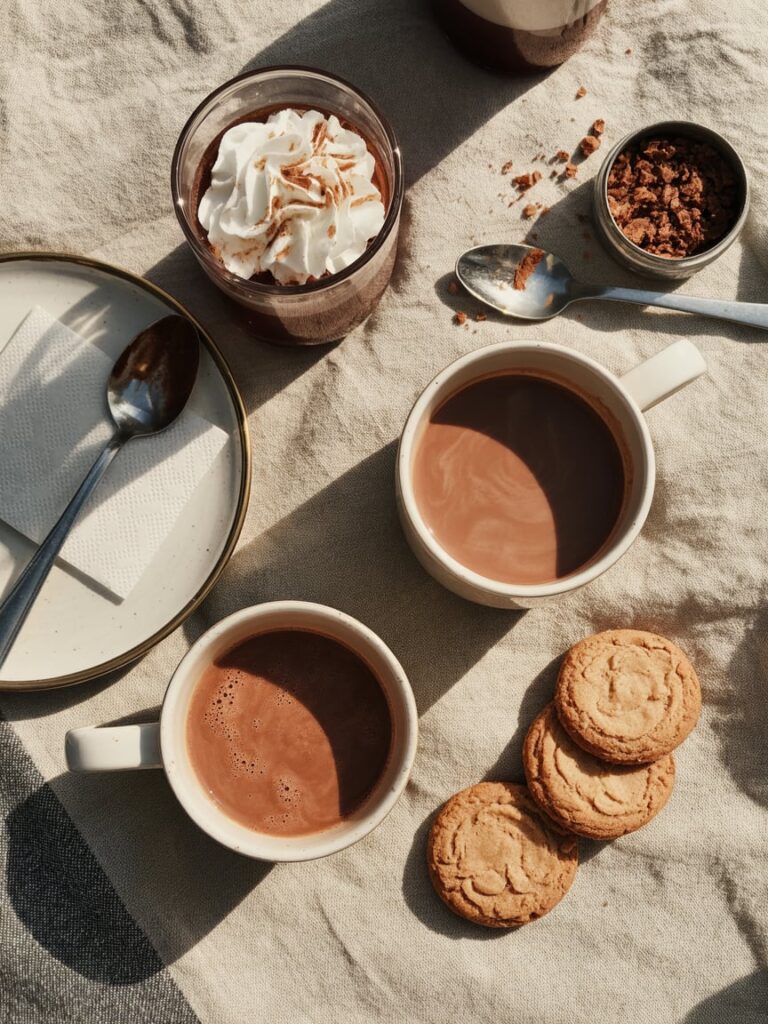 empty cocoa mugs and cookie crumbs on a rustic table after a cozy winter gathering.