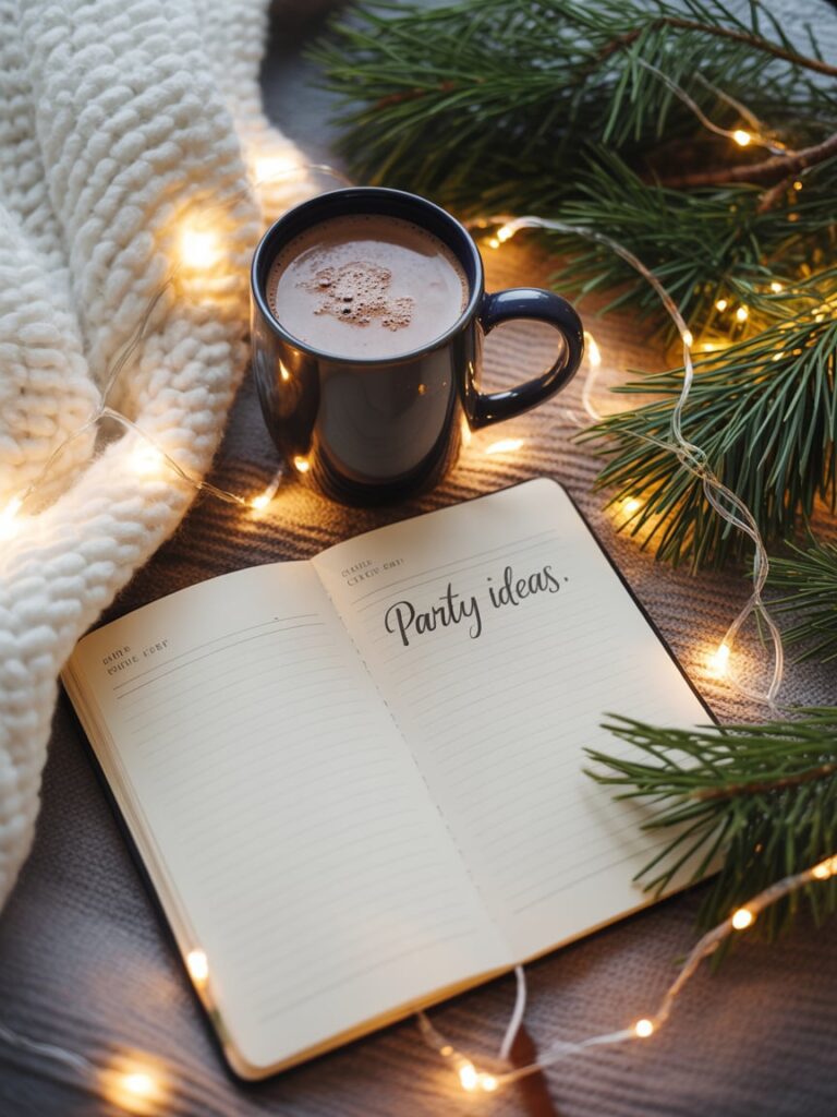 Mug of hot cocoa beside a notebook of Christmas party ideas with festive decor.