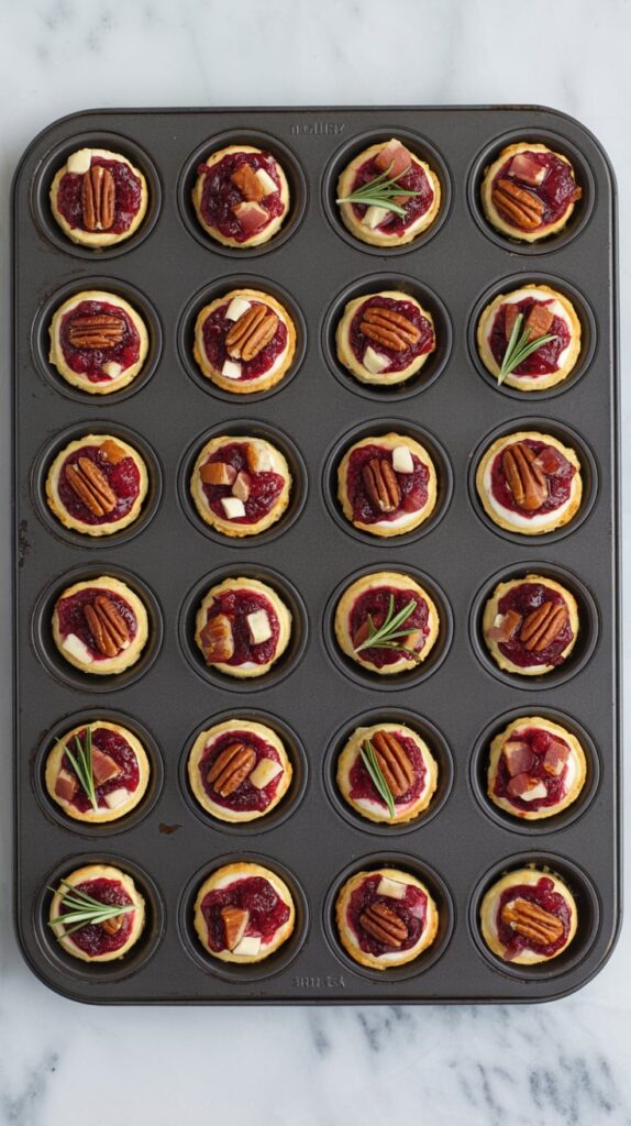 Mini cranberry brie bites with pecans, rosemary, and puff pastry arranged neatly in a muffin tin, ready to bake for a festive holiday appetizer.