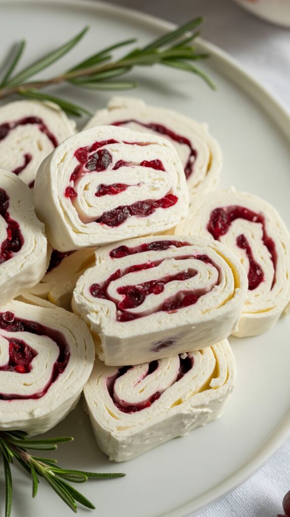 Cranberry cream cheese pinwheels made with soft tortillas, creamy filling, and dried cranberries, sliced into festive swirls and garnished with fresh rosemary for a holiday appetizer.
