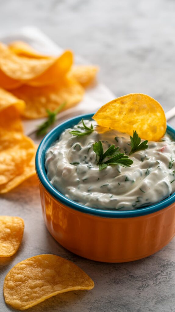 Creamy roasted red pepper dip served in a rustic bowl, surrounded by potato chips and colorful vegetable sticks including carrots, cucumber, and bell peppers, garnished with a sprig of rosemary.
