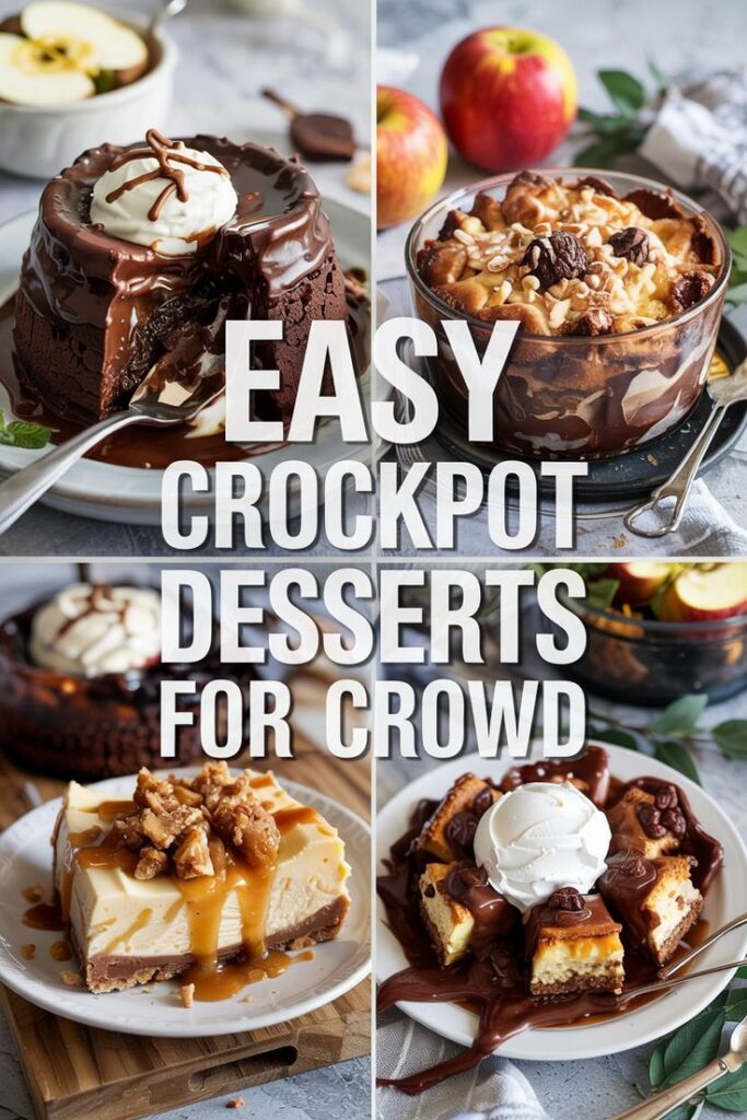 Collage of four crockpot desserts including molten chocolate cake, apple bread pudding, caramel cheesecake, and brownie-style dessert bites, all styled with whipped cream, caramel drizzle, and fresh apples, with bold text overlay reading “Easy Crockpot Desserts for Crowd.”