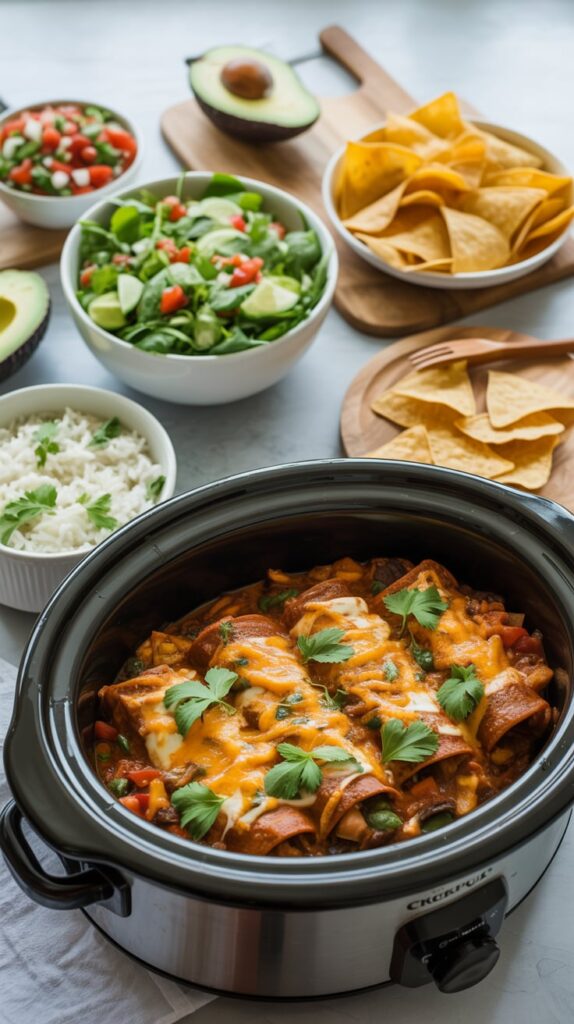 A Crockpot filled with cheesy chicken enchilada casserole surrounded by bowls of fresh salad, rice, pico de gallo, tortilla chips, and sliced avocado, styled as a full Tex-Mex dinner spread.